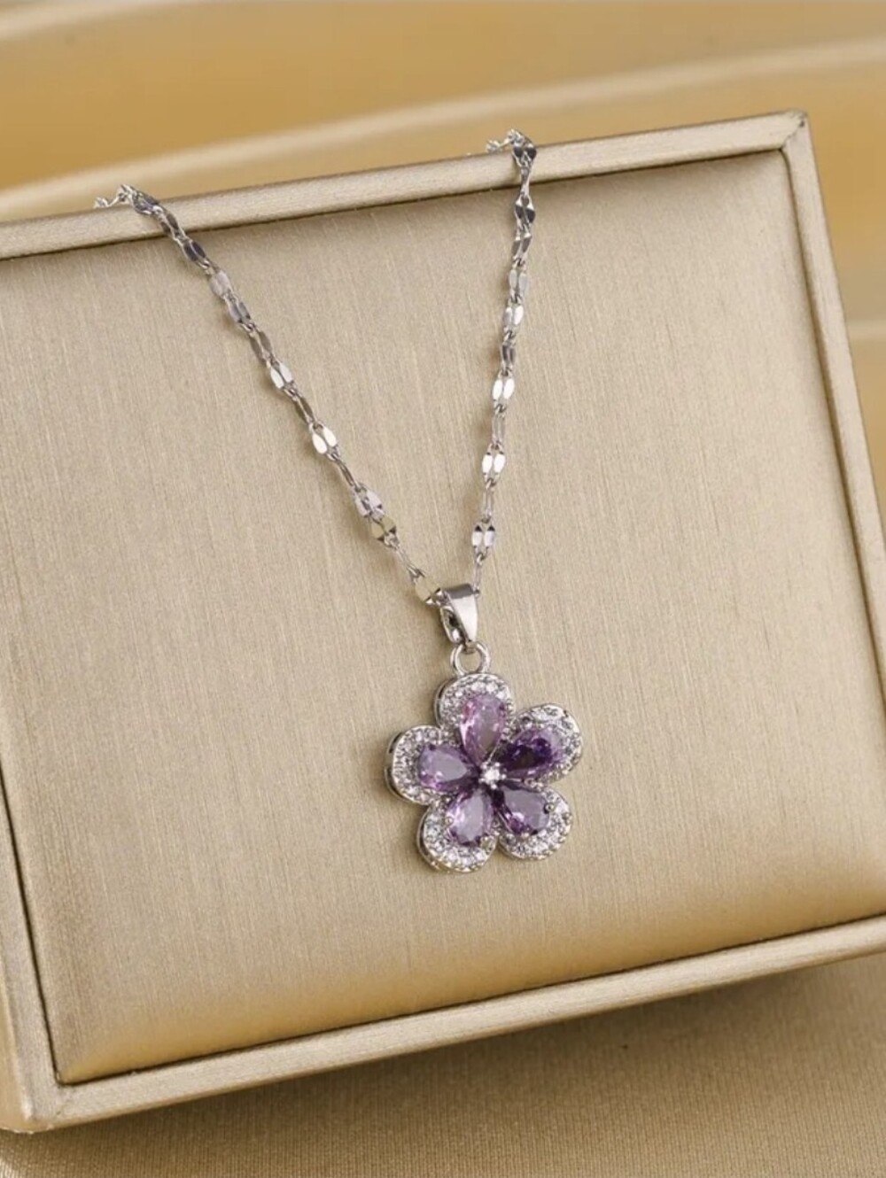 Silver Tone Floral Pendant Necklace with Purple Stone - Women Jewelry
